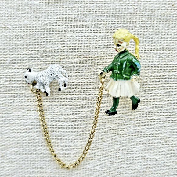 Double Brooch Vintage Blonde Girl Walking Lamb Pet Enamel Gold Tone Jewelry Pin - Picture 8 of 8